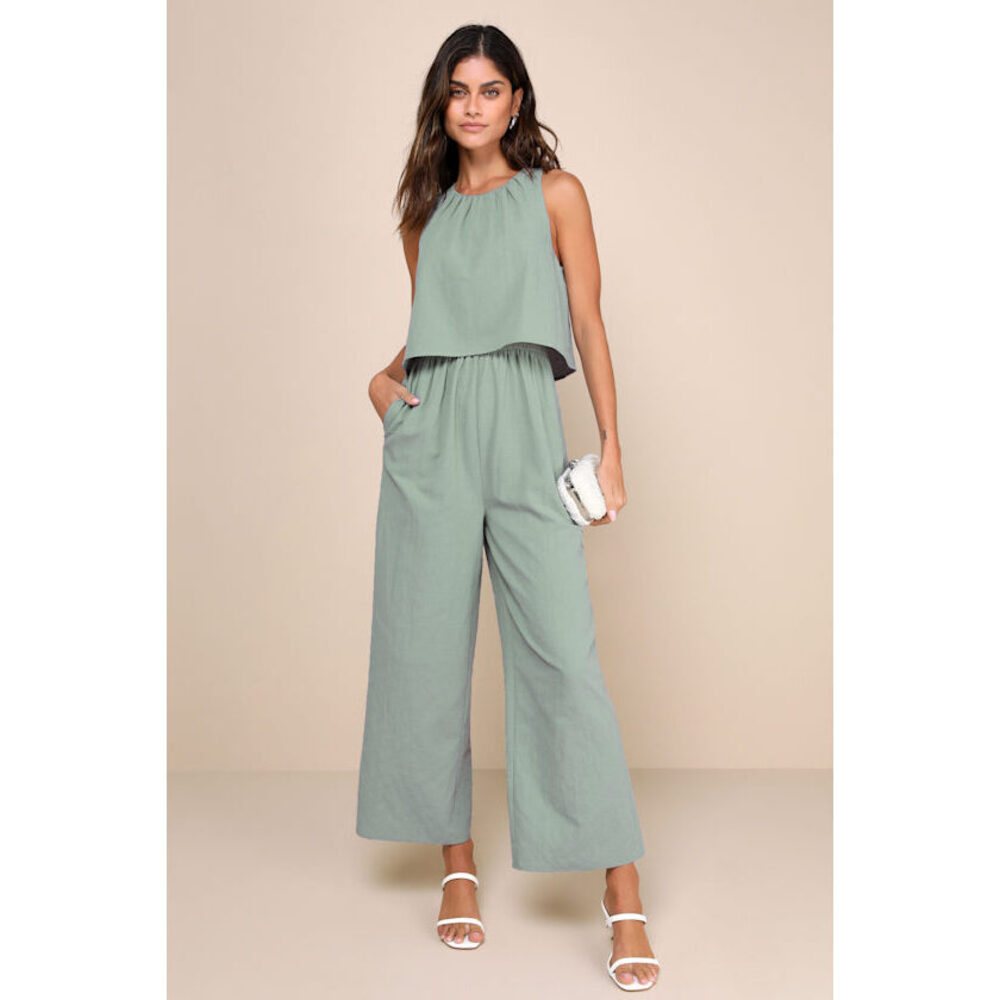 Lulus Breezy Sophistication Sage Green Textured Wide-leg Jumpsuit - Size L